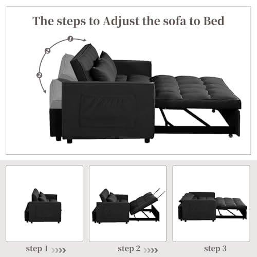 Black Velvet 3-in-1 Couch Bed with Adjustable Backrest