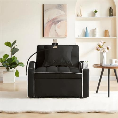 Convertible Sleeper Sofa Chair with USB and Cup Holders - Velvet Daybed for Guests