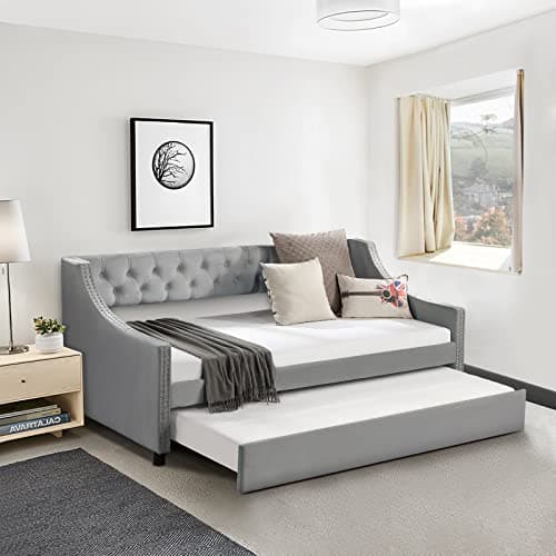 Modern Grey Velvet Upholstered Twin Daybed with Trundle - No Box Spring Needed
