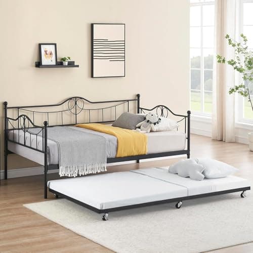 Modern Steel Slat Twin Daybed with Pull Out for Kids & Living Room, White