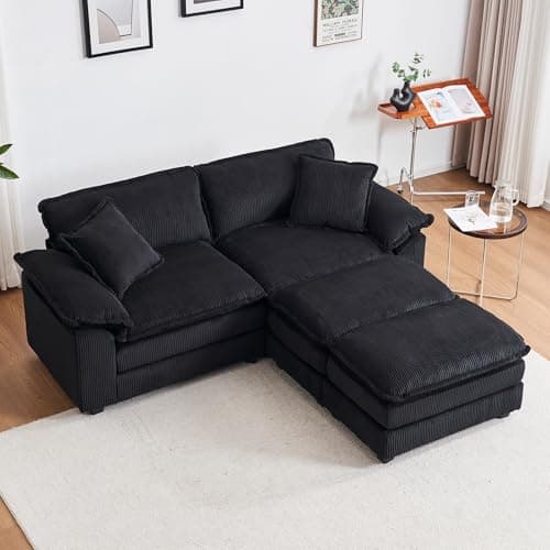 Modern Black L-Shaped Loveseat with Movable Ottoman