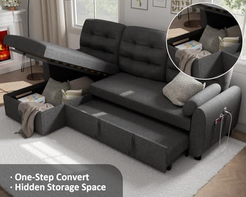 87 Sleeper Sectional Sofa Bed with Storage Chaise - Dark Grey Linen Fabric