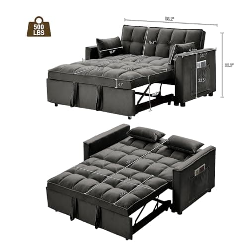 Dark Grey Velvet 3-in-1 Sleeper Sofa Bed with Adjustable Backrest and Storage Pockets