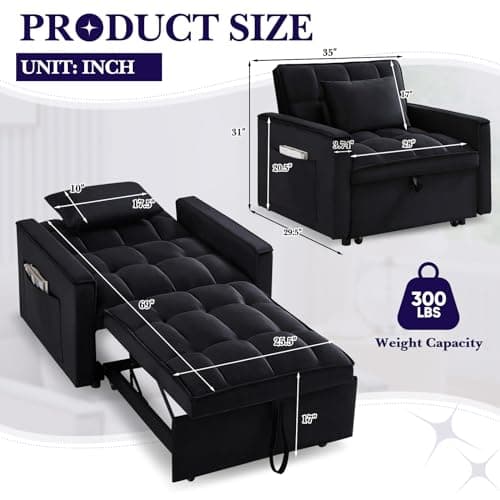 Black Modern Velvet Sleeper Sofa Chair Bed with Adjustable Backrest