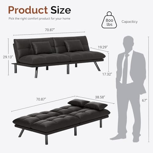 70 Inch Water-Resistant Light Black Futon Sofa Bed Couch