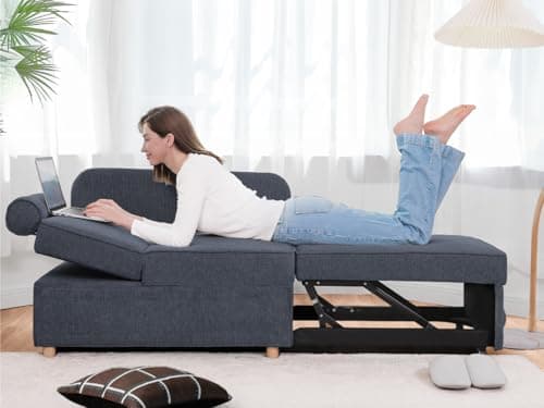 4-in-1 Sleeper Sofa Bed Linen Fabric Couch with 2 Throw Pillows & Single Recliner