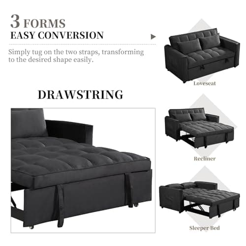 Black Velvet 3-in-1 Couch Bed with Adjustable Backrest