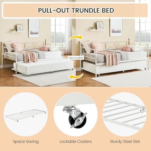 IDEALHOUSE Twin Daybed with Trundle, White, Space-Saving Sofa Bed Frame