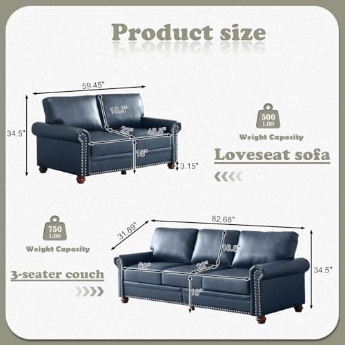 Antetek Upholstered Leather Sofa Set with Storage Space, Navy Blue