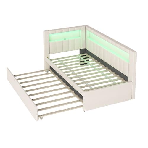 Twin Size White Daybed with Trundle and L-Shaped Bookshelf Headboard for Kids Boys Girls