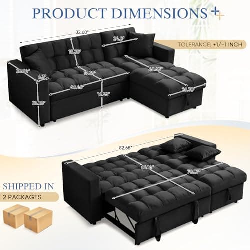82-inch Black L-Shaped Velvet Tufted Sectional Sleeper Sofa