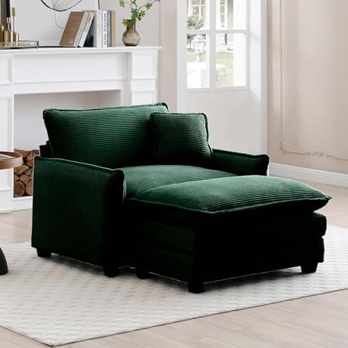 Antetek 46-Inch Oversized Indoor Chaise Lounge Chair with Ottoman, Green Corduroy Sofa for Living Room and Bedroom