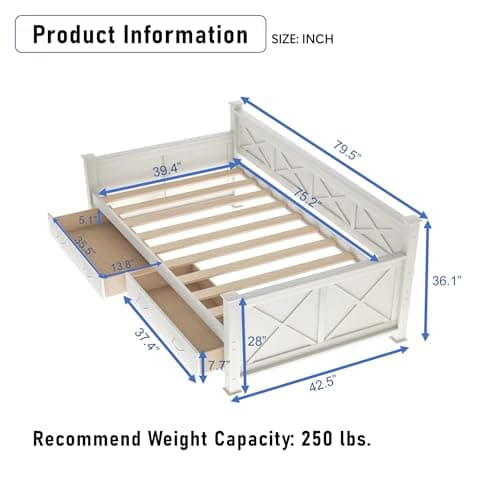 White Farmhouse Twin Daybed with Storage, Pine Wood Frame (No Spring Box)