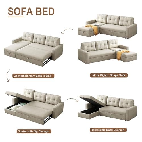 Beige L-Shaped Sleeper Sectional with Reversible Storage for Living Room & Apartment