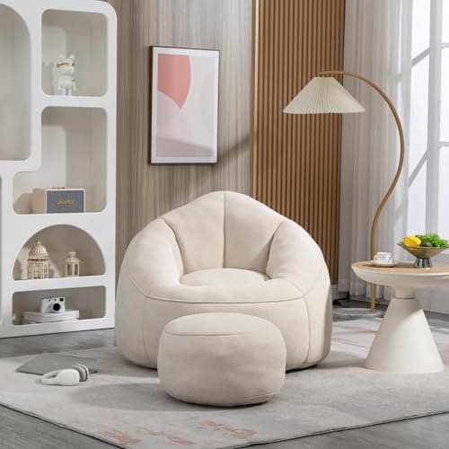 Modern Bean Bag Chair with Ottoman, Comfy Sofa Chair with High Pressure Foam - Beige