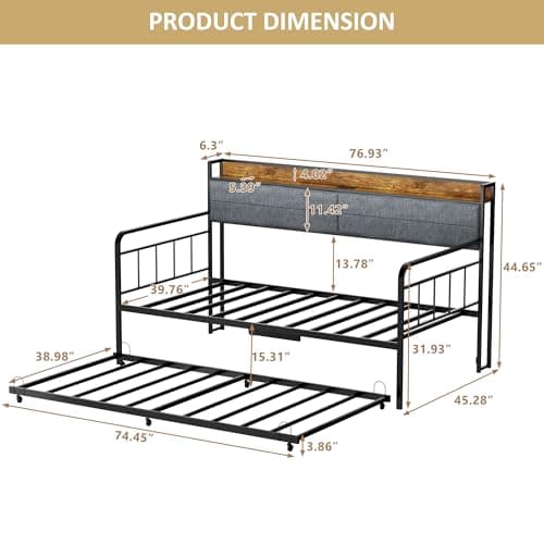 ROOMTEC Modern Twin Daybed with Storage & Charging, Sturdy Black Metal Frame