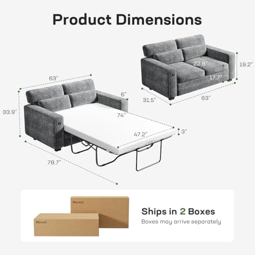 Marsail Full Size Pull Out Sofa Bed with Memory Foam, 2 USB, Grey Chenille Fabric
