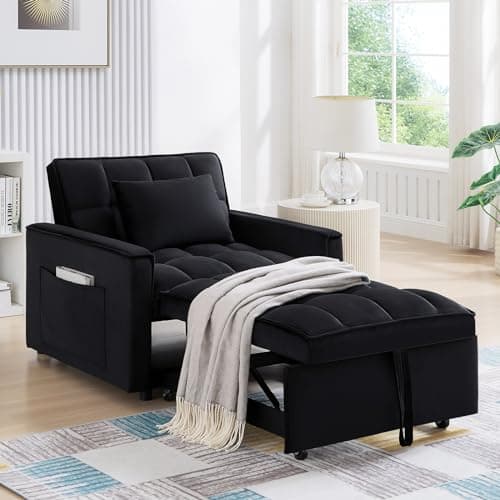 Black Modern Velvet Sleeper Sofa Chair Bed with Adjustable Backrest