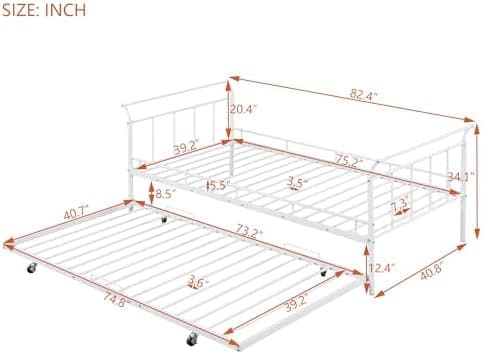 Twin Size Daybed with Trundle Twin, Heavy Duty Daybed with Curved Handle and Slats, Metal Daybed for Kids, Girls, Boys, No Box Spring Needed, White Day Bed Twin Size