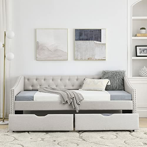 Modern Linen Upholstered Daybed with Drawers - Twin Size, Beige