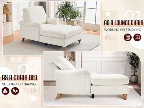Modern Indoor Chaise Lounge Chair with Adjustable Backrest and Sturdy Legs - White