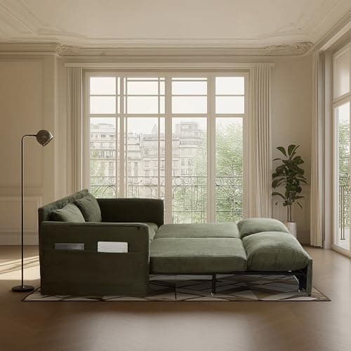 3-in-1 Corduroy Green Queen Sleeper Sofa Bed with Side Pockets