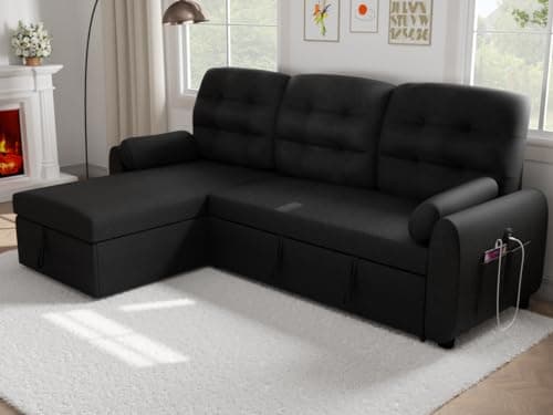 Ucloveria 87" Sleeper Sofa Bed with Reversible Chaise & Side Pocket | Black Linen Fabric