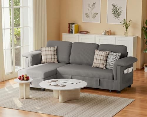Homall L-Shaped Sleeper Sofa with Storage, Beige Linen Fabric