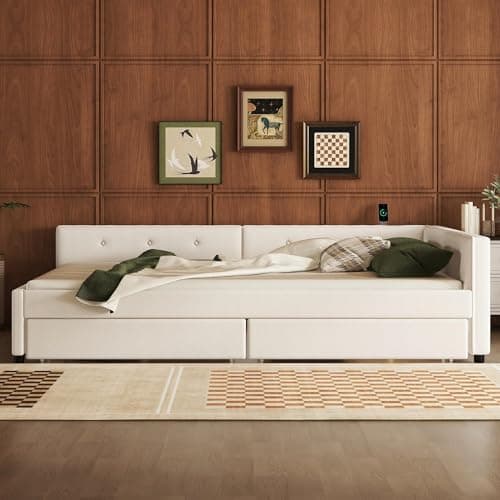 Linen Upholstered Beige Queen Daybed with Storage & Tufted Backrest