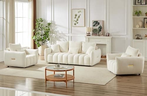 Modern Beige Teddy Sofa Set for Living Room: Deep Seat Chair and Oversized 3-Seater Couch