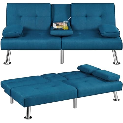 Yaheetech Aqua Blue Reversible Folding Sofa Bed with Removable Armrests
