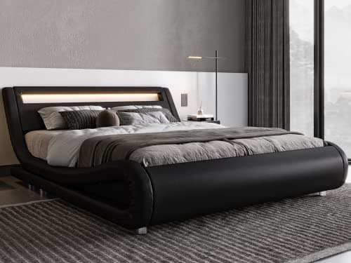 Allewie King Size LED Platform Bed with Adjustable Headboard & Faux Leather