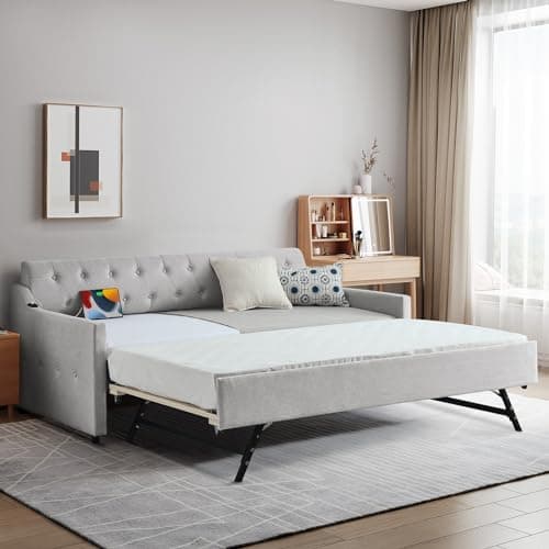 Modern Beige Antetek Daybed with Pop-Up Trundle & USB Ports - Twin to King Sofa Bed Frame for Bedroom & Living Room