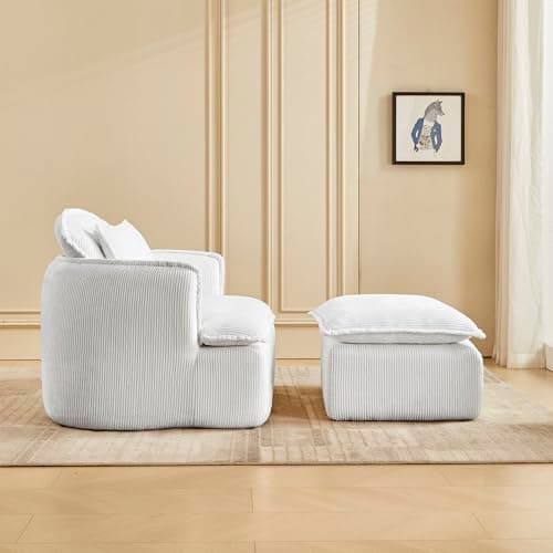 48" Beige Corduroy Chaise Lounge with Ottoman & Armrest for Small Spaces