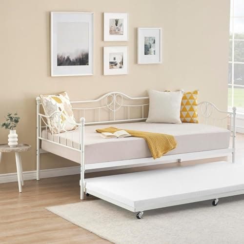 Modern Steel Slat Twin Daybed with Pull Out for Kids & Living Room, White