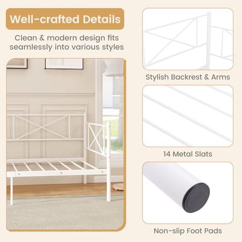 Giantex Twin Size Metal Daybed with Headboard & Slat Support (White)