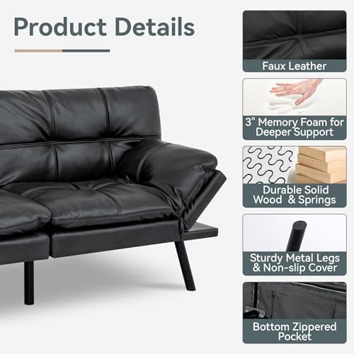 Black Faux Leather Futon Sofa Bed with Memory Foam & Adjustable Backrest