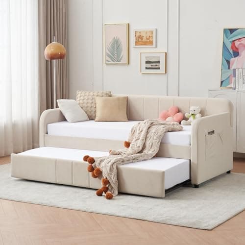 Twin Daybed with Pop Up Trundle for Guest Room Bedroom | Velvet Tufted Upholstered Twin to King Size Daybed Frame | Beige  
Pop Up Trundle Daybed for Guest Room | Velvet Tufted Upholstered Twin to King Size | Beige  
Twin to King Size Daybed with Pop