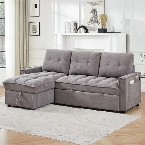 Reversible L-Shaped Sleeper Sofa Couch, Black with Storage & USB Ports