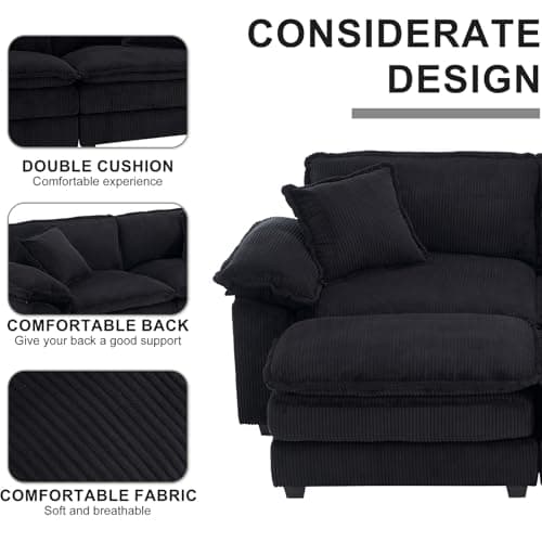 Modern Black L-Shaped Loveseat with Movable Ottoman