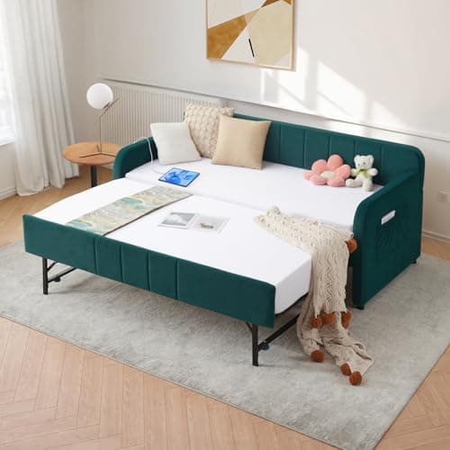 Beige Velvet Tufted Twin to King Extendable Daybed with USB Port