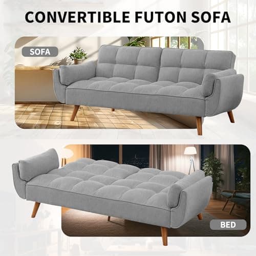 Gray Linen Convertible Futon 3-Seater Sofa Bed with Adjustable Backrests