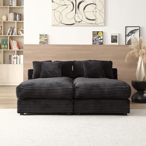 Oversized Grey Corduroy Chaise Lounge with 6 Pillows for Living Room and Bedroom