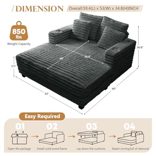 Dark Grey 60" Chaise Lounge Chair Indoor, Fluffy Plush Faux Fur Sleeper Couch Lazy Chair Bed for Living Room, Oversized Comfy Sofa Bed with Pillows & Armrests
