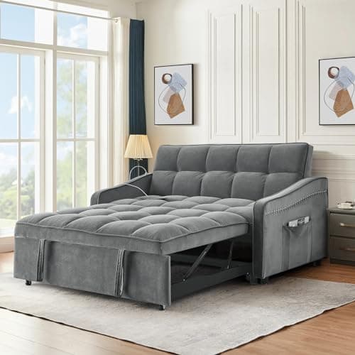 Modern 3-in-1 Sleeper Sofa with USB & Type C Port, 52 Small Velvet Loveseat Bed for Small Spaces - Blue