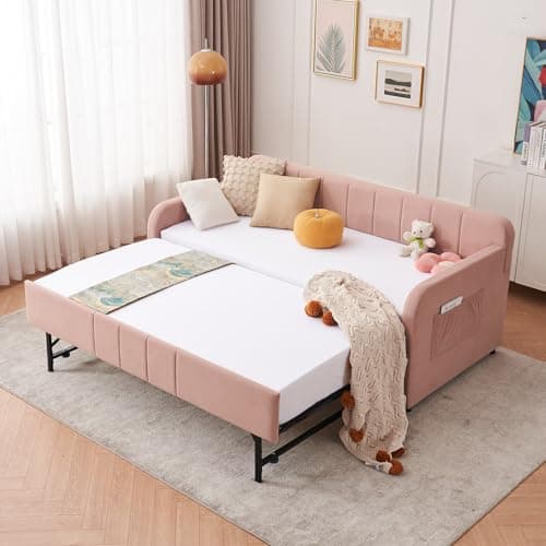 Twin Daybed with Pop Up Trundle for Guest Room Bedroom | Velvet Tufted Upholstered Twin to King Size Daybed Frame | Beige  
Pop Up Trundle Daybed for Guest Room | Velvet Tufted Upholstered Twin to King Size | Beige  
Twin to King Size Daybed with Pop