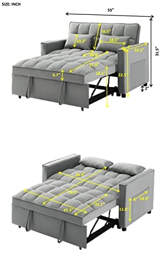 Antetek 3-in-1 Velvet Sleeper Sofa Bed, Grey, 54"