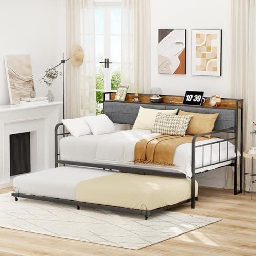 ROOMTEC Modern Twin Daybed with Storage & Charging, Sturdy Black Metal Frame