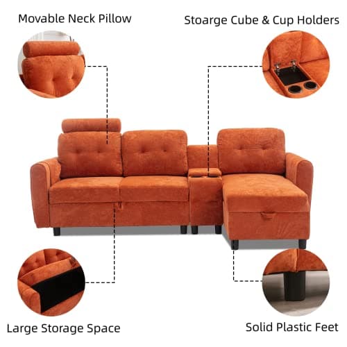Velvet L-Shape Sectional Sofa with Storage and Cup Holders