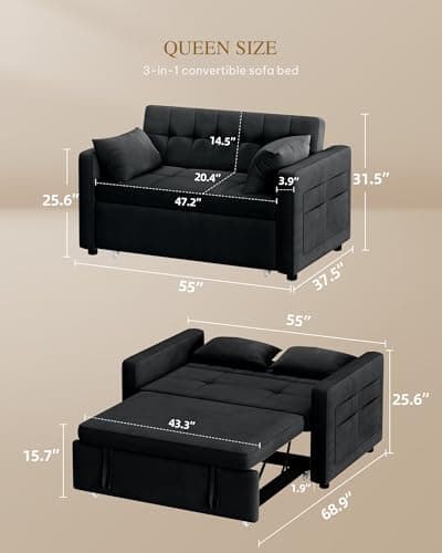YITAHOME 55" Convertible Sofa Bed, Black Full Size Reclining Velvet Sleeper
